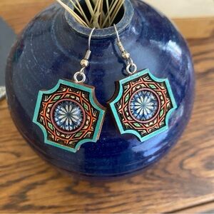 Painted wood and glass folk art style earrings